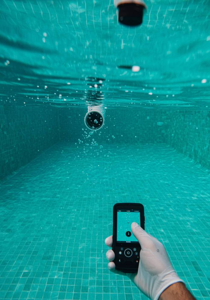 "Perspectiva submarina de una piscina de lujo en una villa andaluza, mostrando burbujas de aire de una fuga en una unión de tubería, mientras un técnico utiliza una cámara digital para detectar fugas."