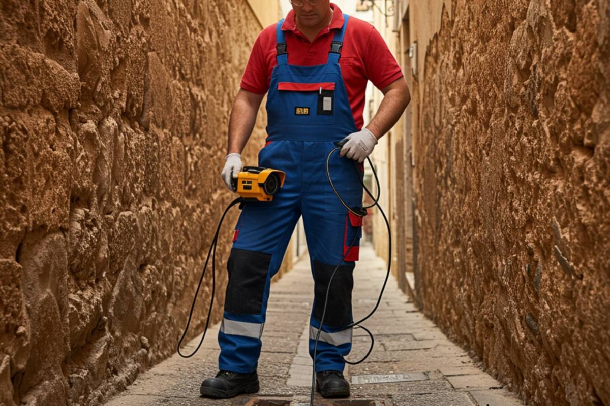 "Ingeniero masculino en overoles y casco inspeccionando una red de alcantarillado en una calle andaluza con una cámara de inspección para localizar fugas en sistemas de drenaje."