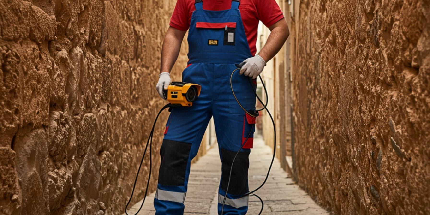 "Ingeniero masculino en overoles y casco inspeccionando una red de alcantarillado en una calle andaluza con una cámara de inspección para localizar fugas en sistemas de drenaje."