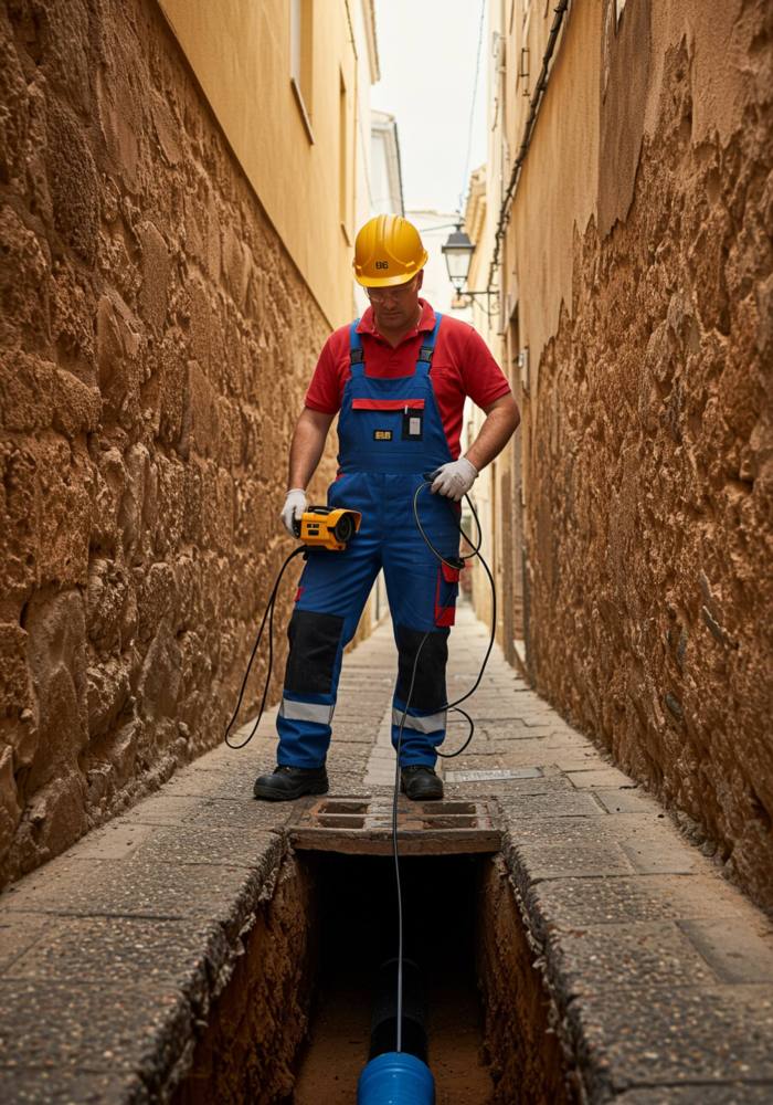 "Ingeniero masculino en overoles y casco inspeccionando una red de alcantarillado en una calle andaluza con una cámara de inspección para localizar fugas en sistemas de drenaje."