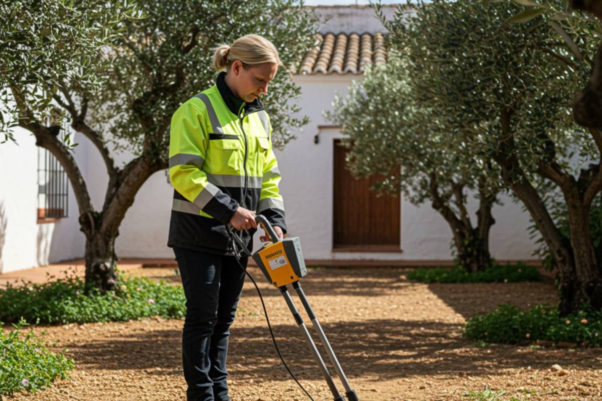 "Técnica femenina en España utiliza radar de penetración terrestre para detectar arquetas ocultas en un jardín soleado, rodeada de olivos y paredes encaladas."
