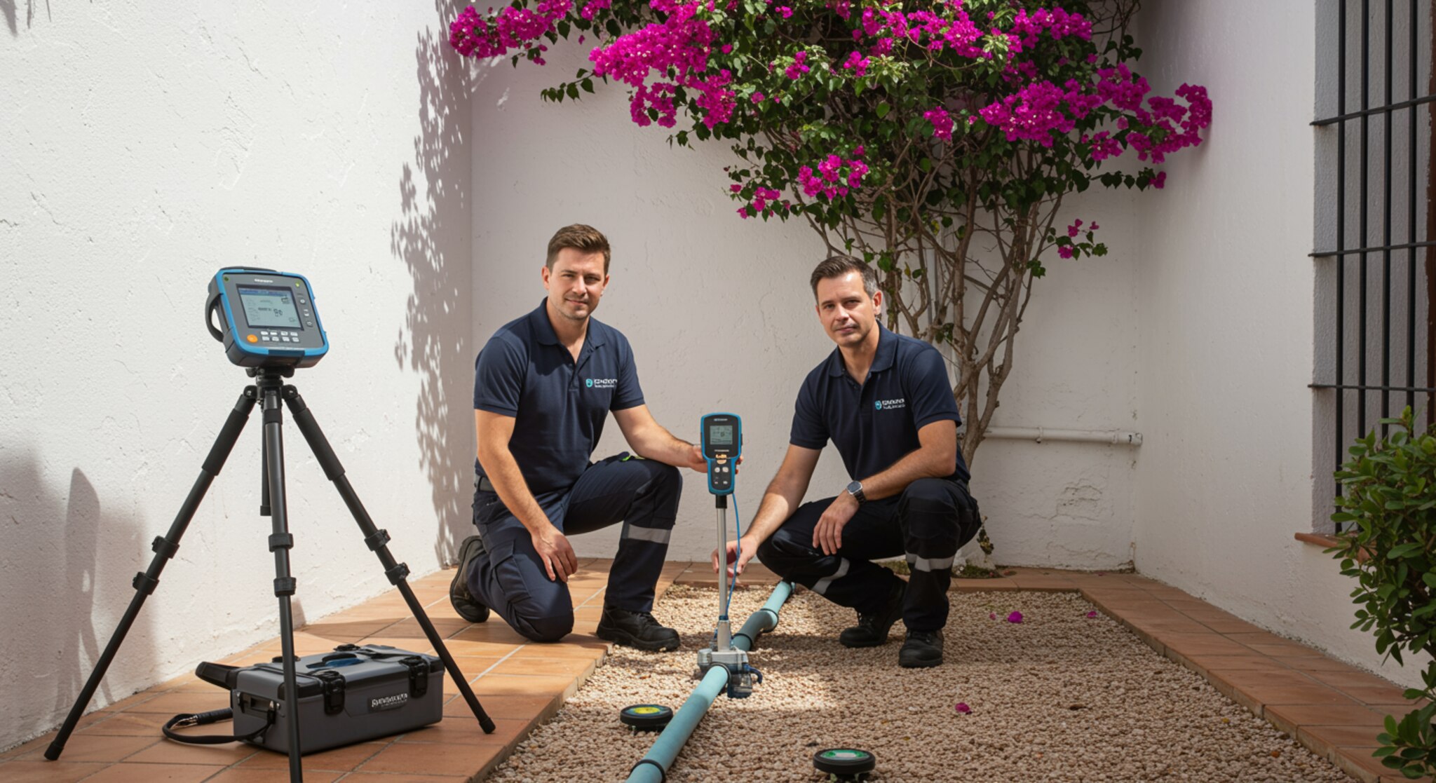 "Escena realista en un patio andaluz con técnicos en detección de fugas de agua, destacando tecnología avanzada y un entorno profesional."
