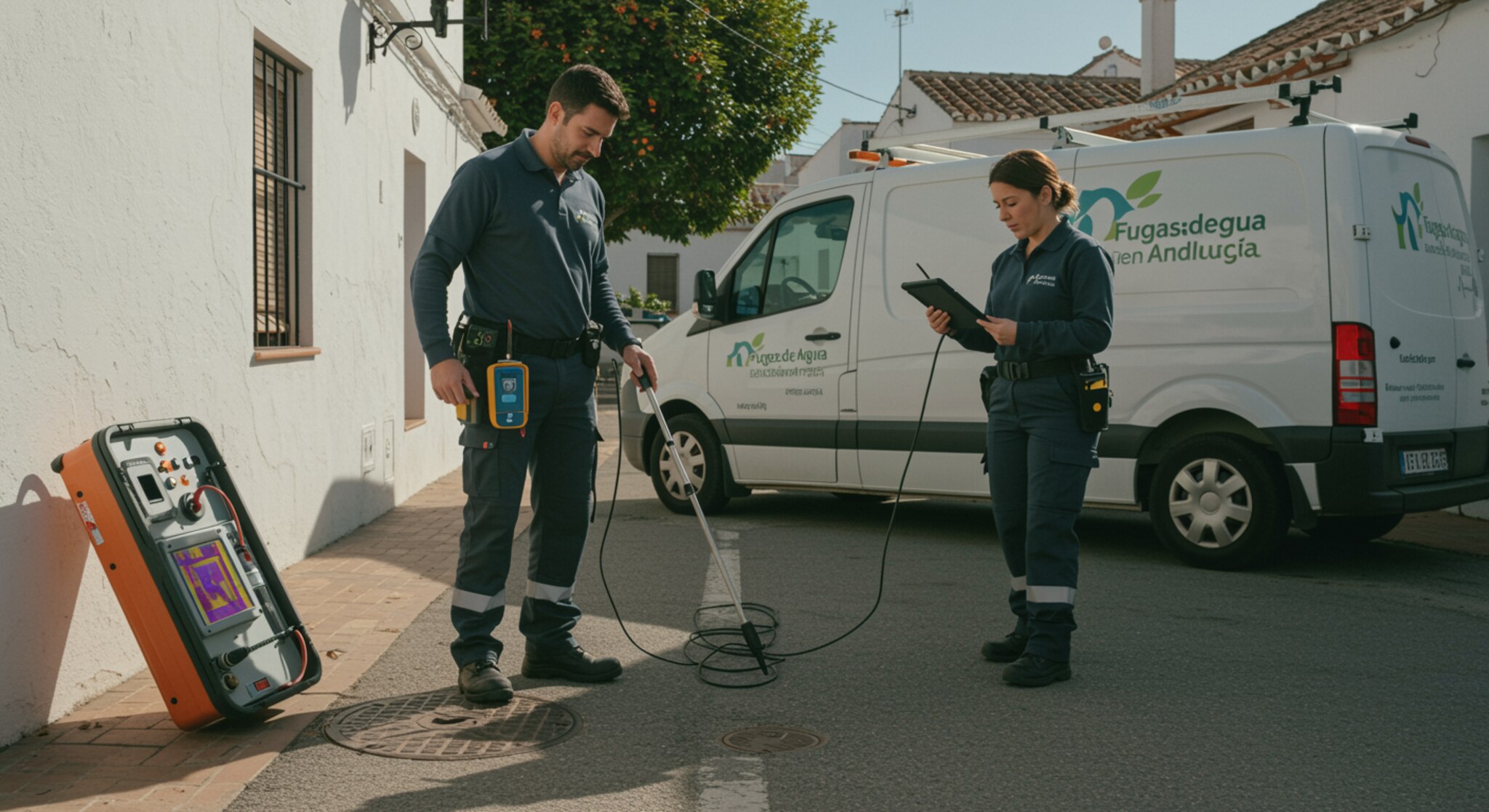Texto alternativo: "Técnicos de Fugas de Agua Andalucía utilizando tecnología avanzada de detección de fugas en una calle andaluza, con un vehículo de servicio moderno y un ambiente profesional."